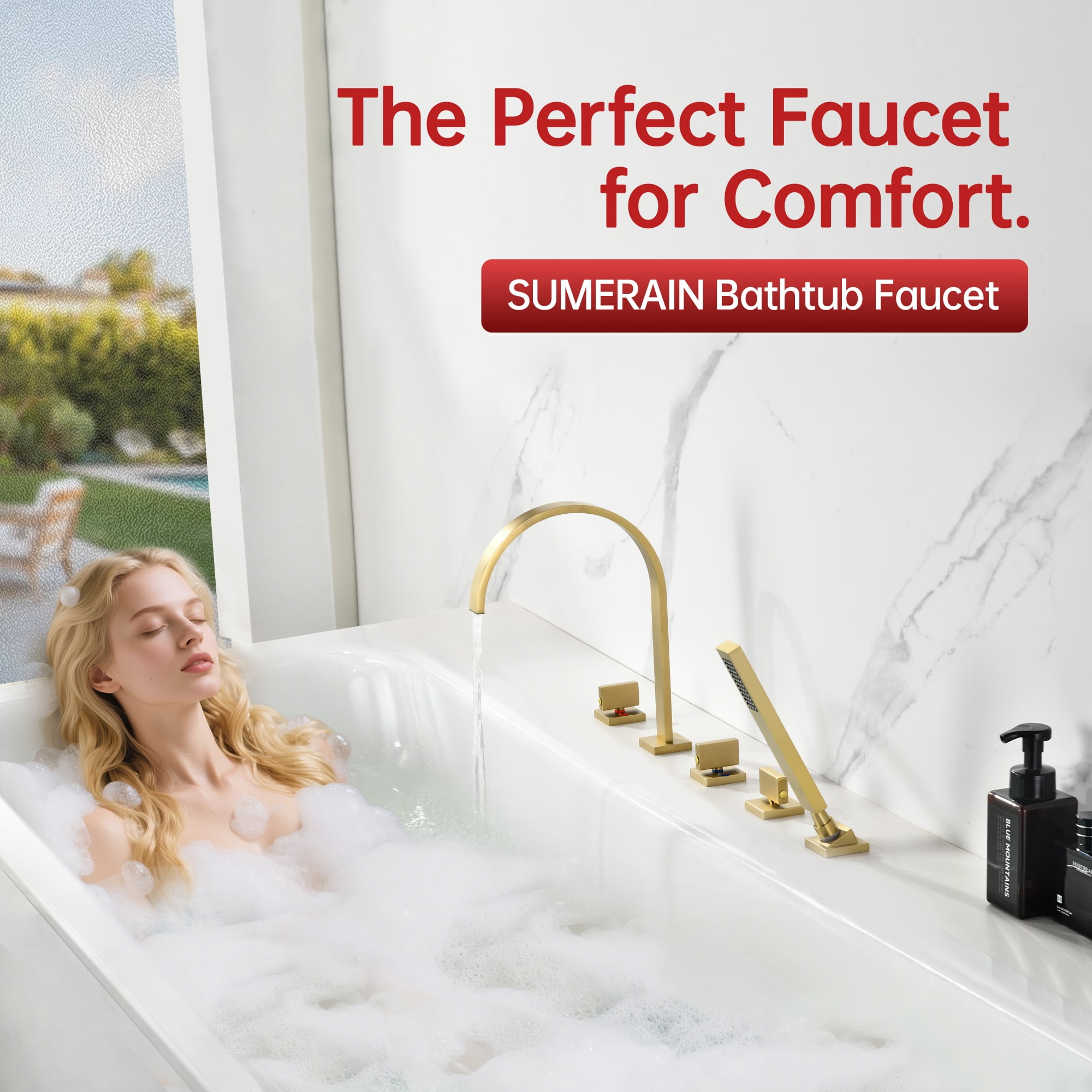 SUMERAIN Brushed Gold 5 Hole Roman Tub Faucet with Hand Shower, Deck Mount Waterfall Bathtub Faucet with Valve, High Flow