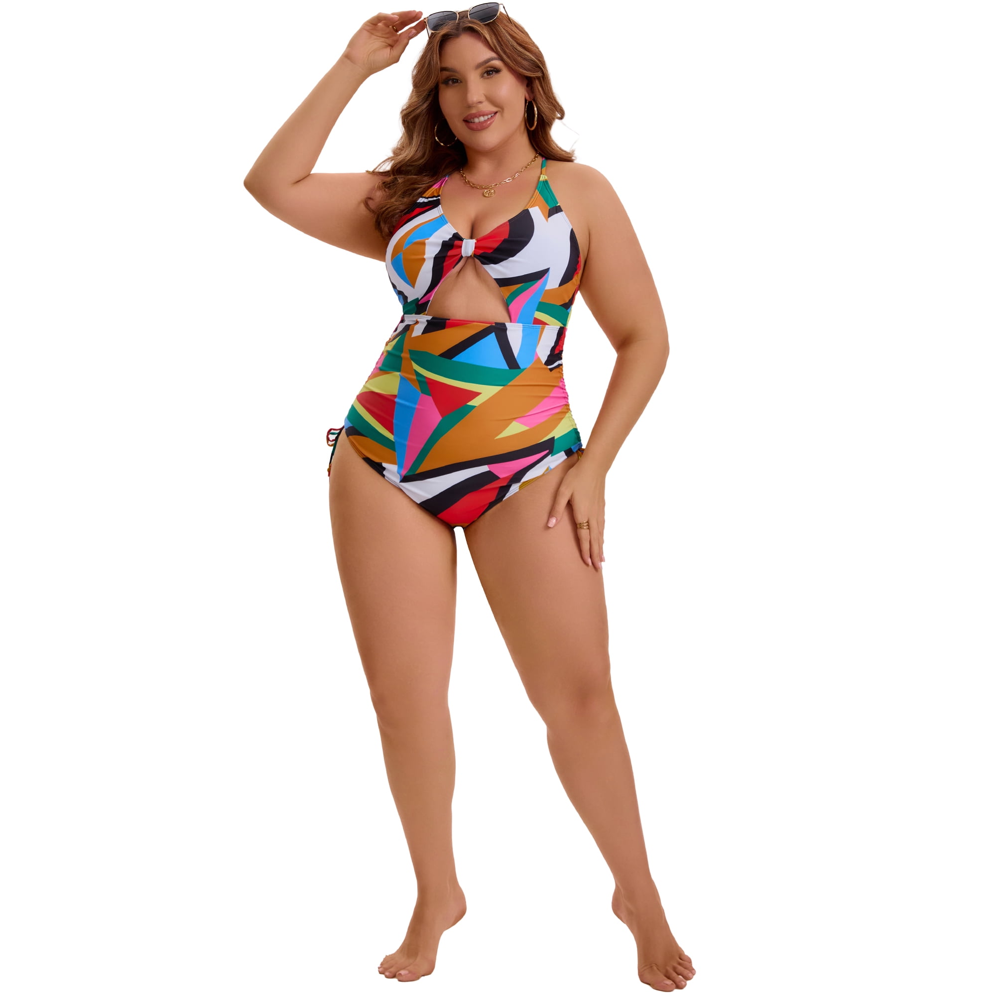 DARING DIVA Women's Plus Swimsuit Tummy Control Cutout Monokini 3X Multi Geometric
