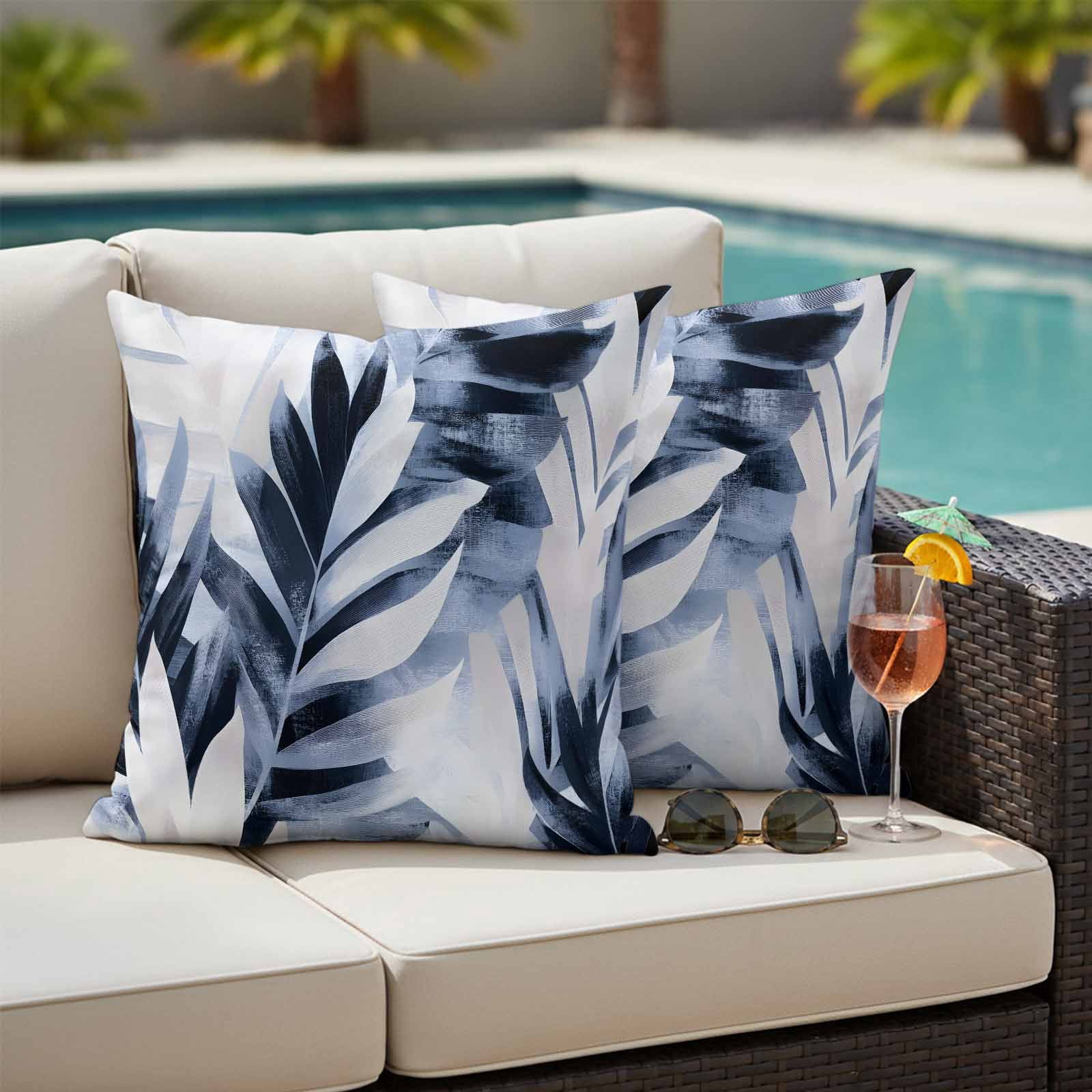 Navy Blue Palm Leaf Outdoor Waterproof Pillow Covers, Botanical Vintage Tropical Leaves Decorative Square Throw Pillowcase Sofa Cushion Sham for Patio/Couch/Chair, 20"x20" 2 Pack