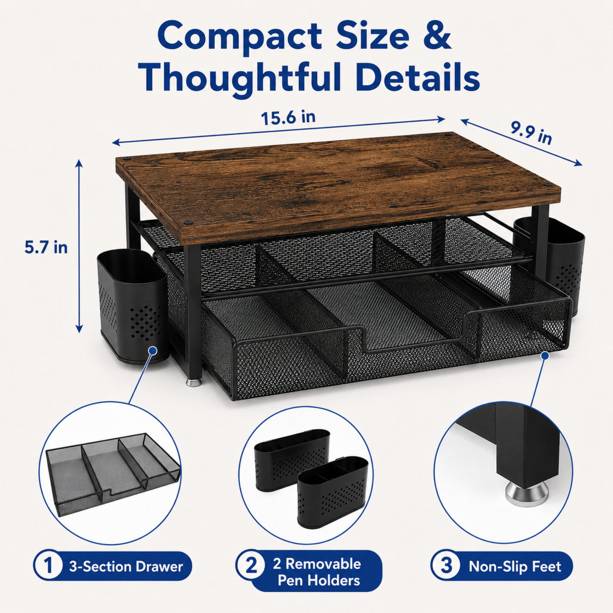 Mehoom 3-Tier Monitor Stand with Drawer & Pen Holders, Brown photo 4