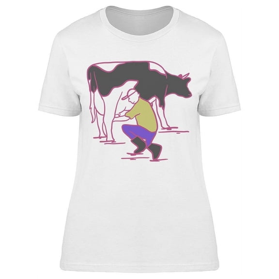 Farmer Milking Cow   T-Shirt Women -Image by Shutterstock Women T-Shirt, Female Medium