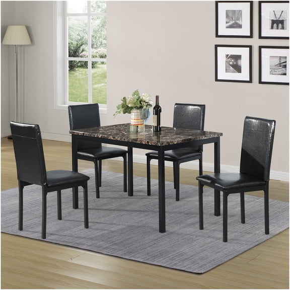 5-Piece Black Metal Dining Set with Faux Marble Table Top and 4 Chairs