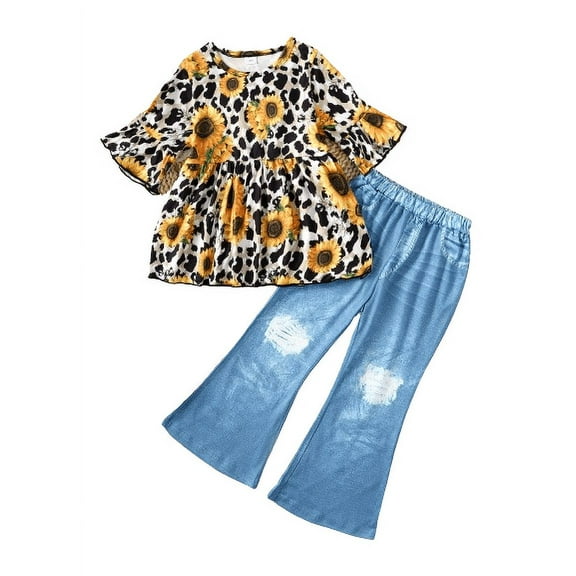 Mikrdoo Baby Girls Pants Sets 4Y,5Y,6Y,7Y,8Y Girl Sunflower Print Leopard Patttern Flare Sleeve Casual Tops Ripped Jeans Demin Trousers 2Pcs Clothing For Spring Autumn