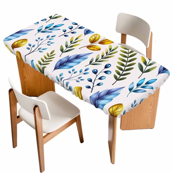 Watercolor Botanical Table Cloths for 6 Foot Rectangle Tables, Blue Yellow Leaves Floral Plants Spring Patio Waterproof Elastic Fitted Tablecloths, Washable Rectangular Table Cover for Camping