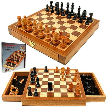 Tournament Staunton Chessmen Set - Elegant Inlaid Wood Cabinet with Staunton Wood Chessmen