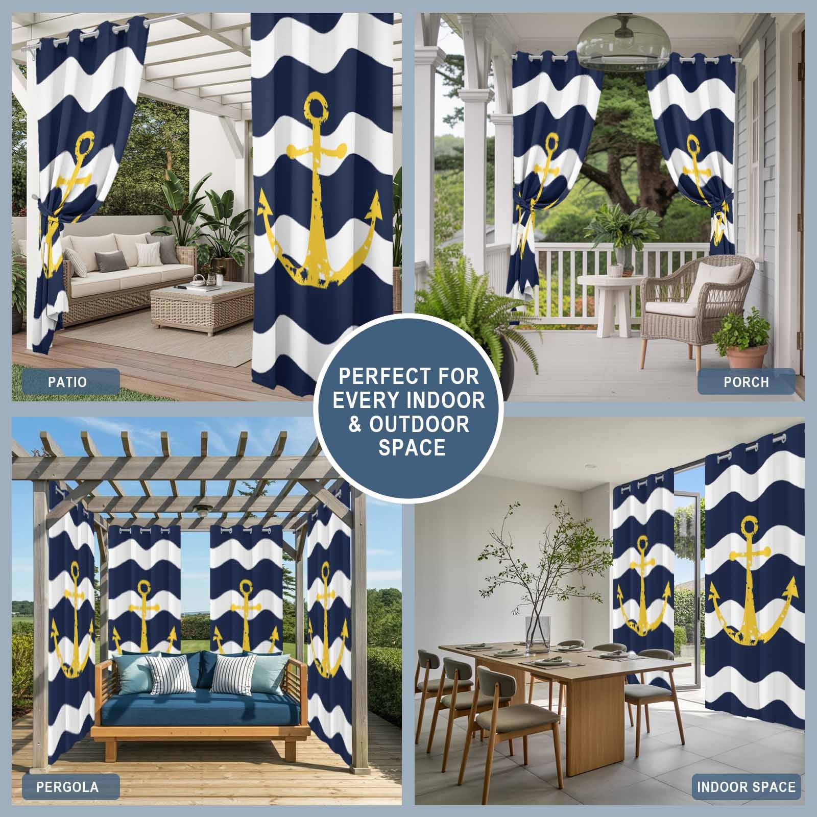 Navy Blue Outdoor Curtains for Patio Waterproof, Wave Stripes Yellow Nautical Anchor Grommet Curtains for Porch Outside Privacy Drape for Gazebo Garden Pergola, 2 Panels, 54x84in