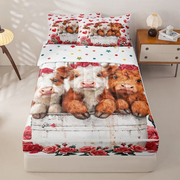 Homewish Red Flowers Blossom Zipper Twin Comforter Sets with Fitted Sheet and 2 Pillowcases,Cute Farm Highland Cow Zipper Bedding Set For Men Women,Reversible,4-Piece