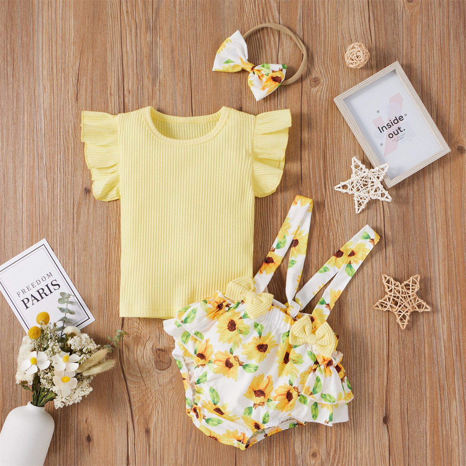 Izhansean 3PCS Newborn Baby Girl Summer Clothes Floral Romper Jumpsuit Shorts Outfits Set Yellow 3-6 Months