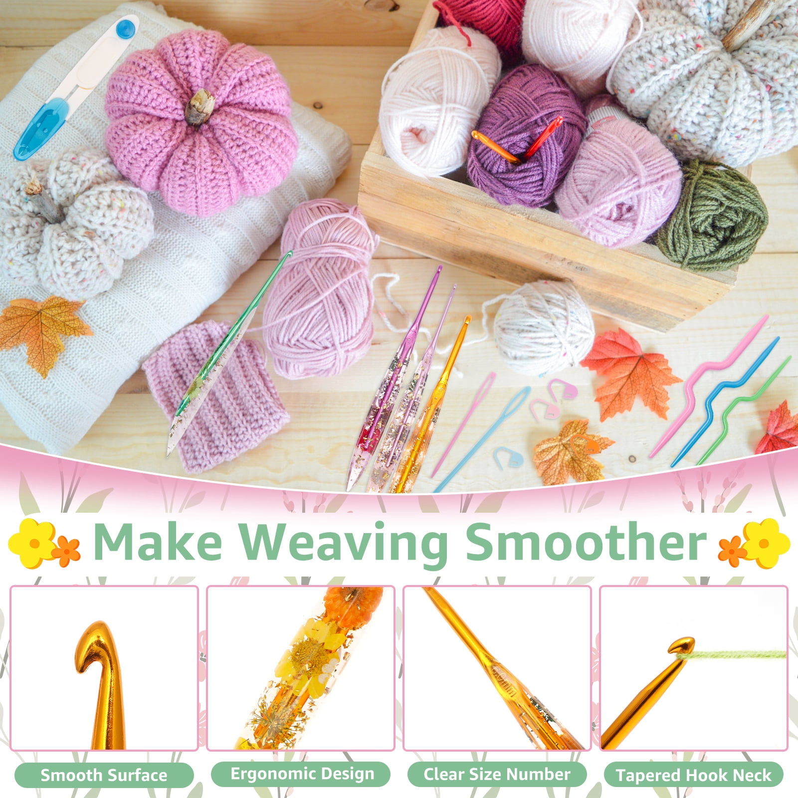 FYJUCPA Crochet Hook Set, 9PCS Ergonomic Hooks with Floral Resin Grip & Storage Bag, for Blanket Doll Shawl Hat Scarf Crocheting, Great Gift