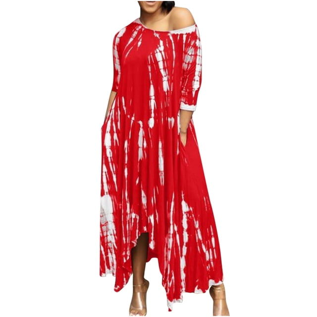 Vestido a media pierna con abertura en el bolsillo con teñido anudado y cuello redondo holgado informal con cuello redondo y manga tres cuartos a la moda Pompotops ghjkhdj12606