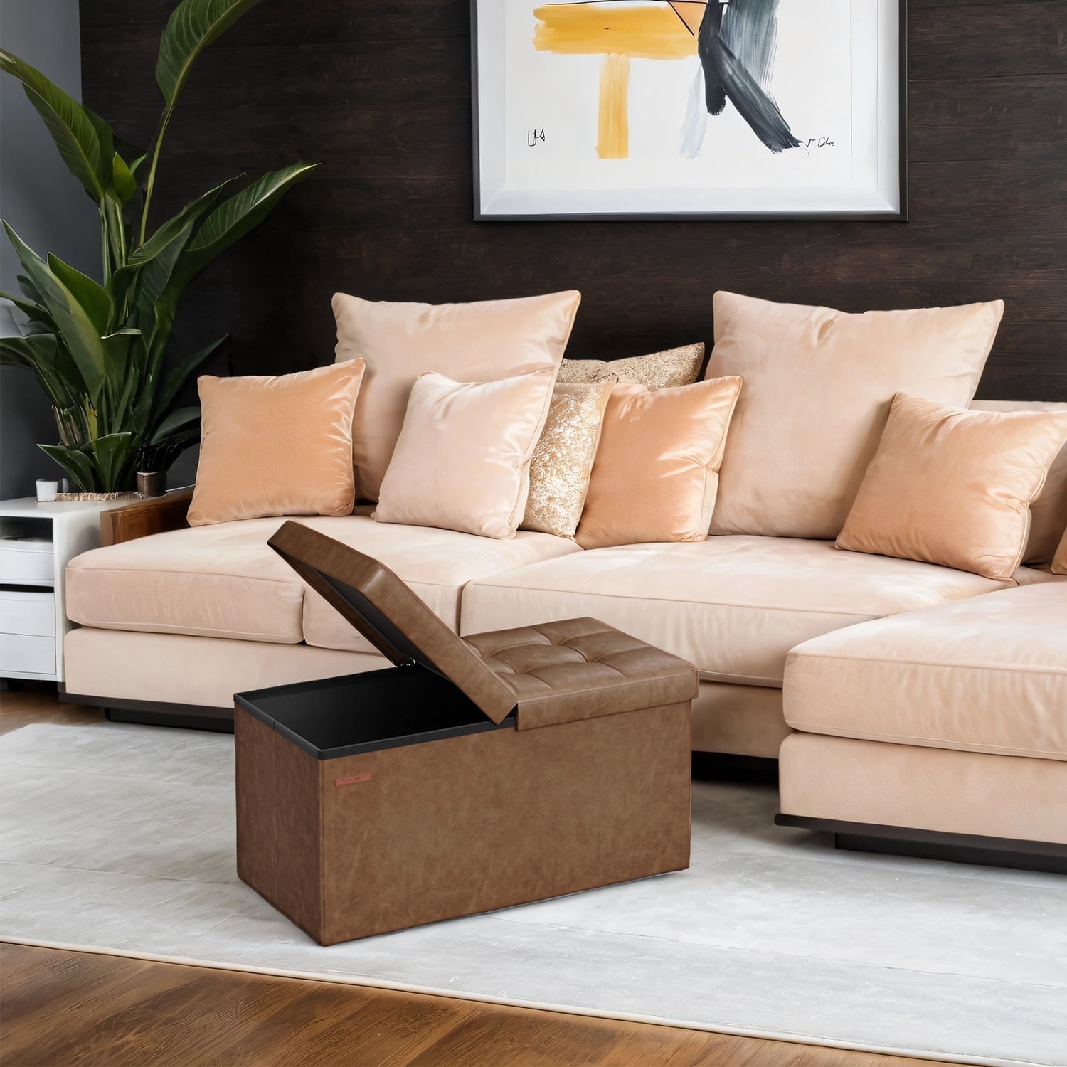 LEDREM Storage Ottoman - 30" Flip-Top Bench, 660lb Capacity, 24-Gallon Storage, Synthetic Leather, Multi-Functional, Coffee Brown