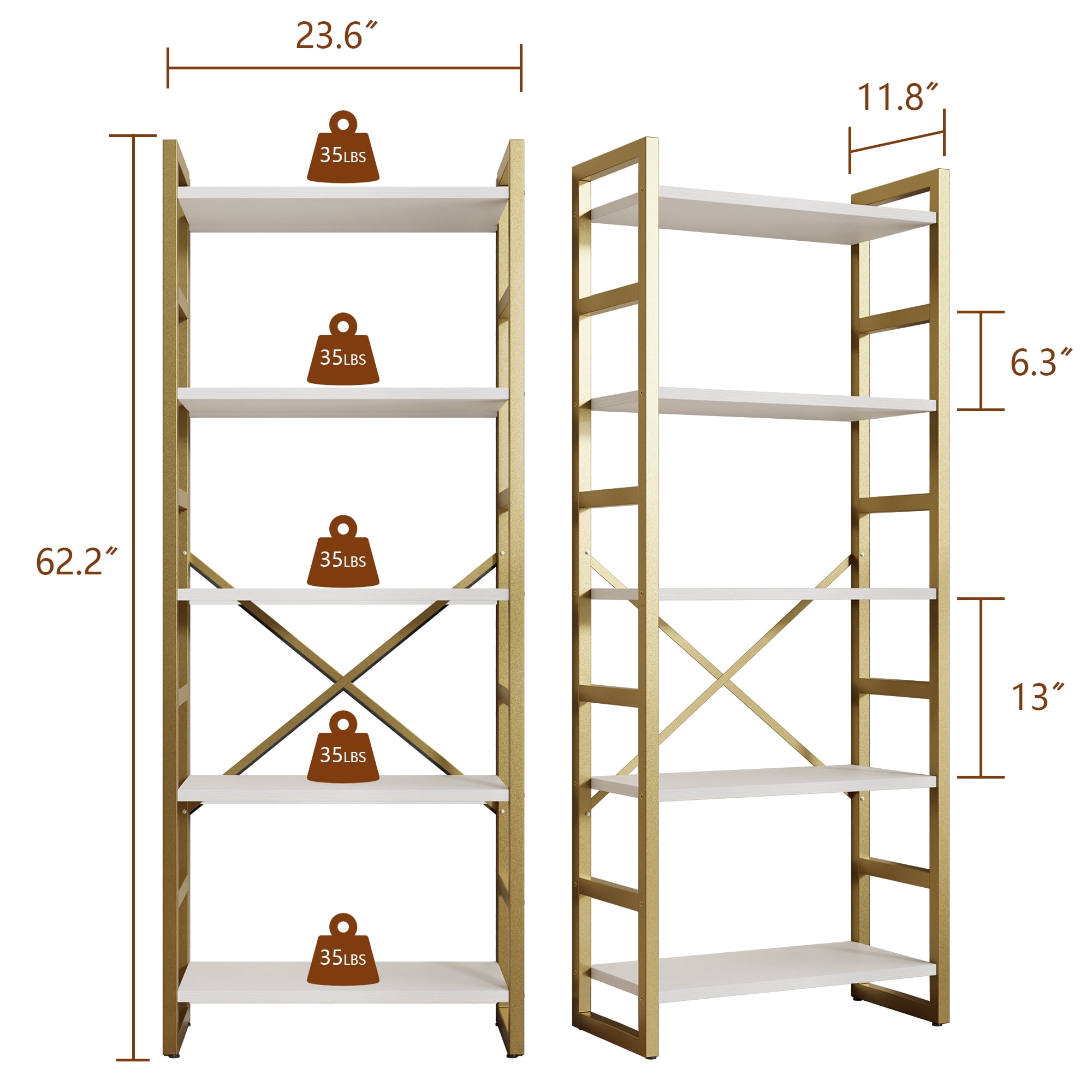 Walsunny Bookshelves Wooden Bookcases 5 Tiers H-Shaped Bookshelf with 5 Open Display Shelves Gold