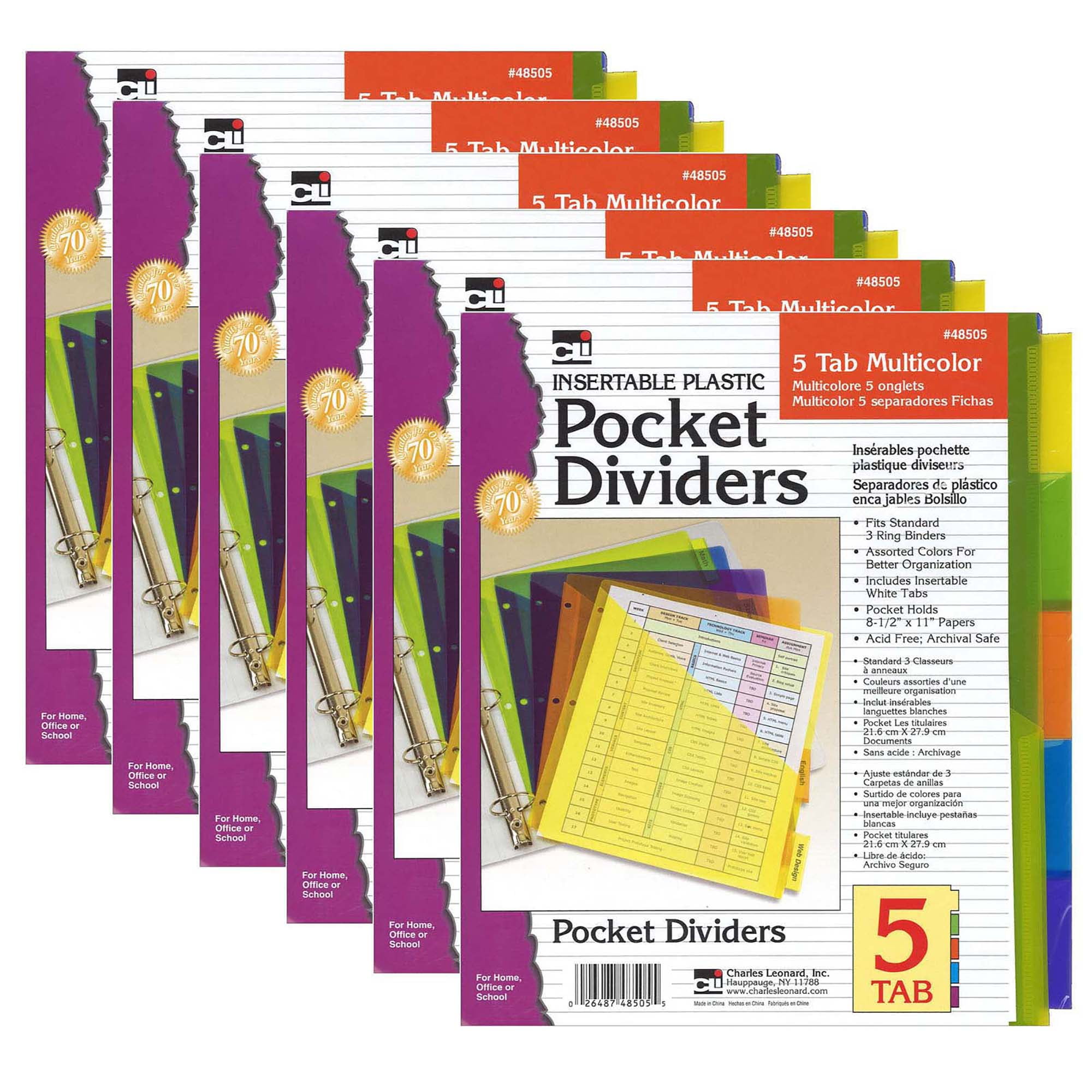 Charles Leonard Index Dividers with Pockets, 5 Tab, Assorted Colors, 30 Count