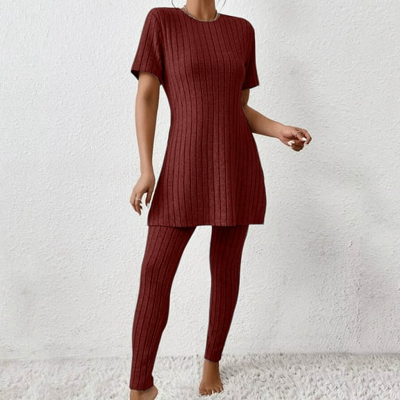 Women's Two Piece Knit Matching Outfits Crew Neck Slit Hem Tee And Pants Tracksuit Sets Features Women Fall Business Casual Outfits for Women Pant Suits for Women Dressy Wedding Guest Long Sleeve Pant
