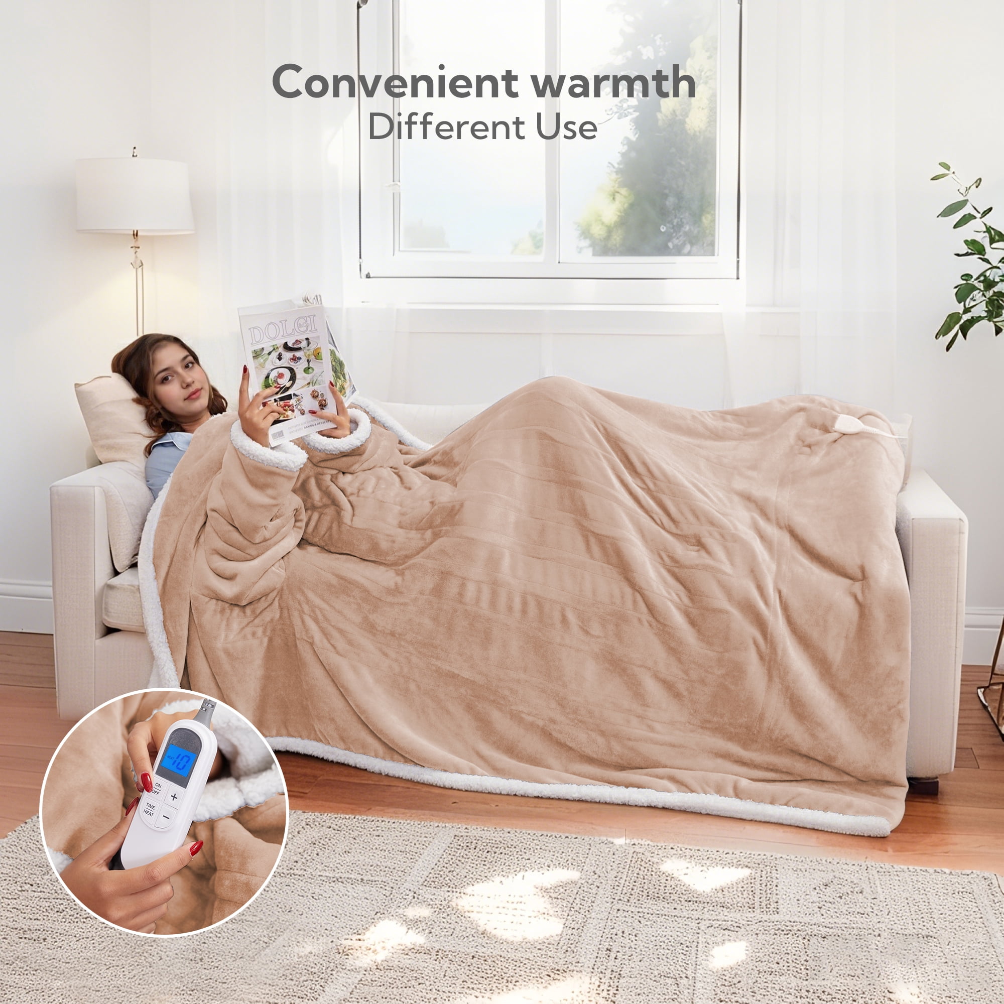 SUNNY HEAT Heated Wearable Blanket with Pockets and Hood, 50"x70",Soft Flannel & Sherpa,1-12H Timer, Machine Washable, Khaki