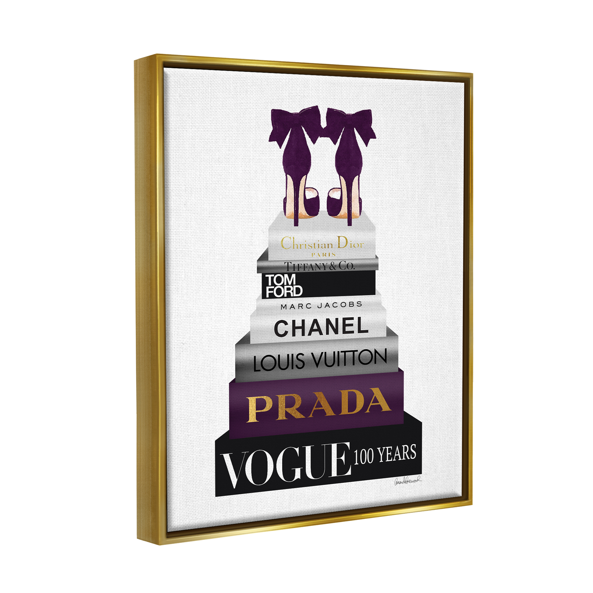 Stupell Industries Fashion Designer Shoes Bookstack Purple Gold Watercolor Metallic Gold Framed Floating Canvas Wall Art, 24x30, by Amanda Greenwood