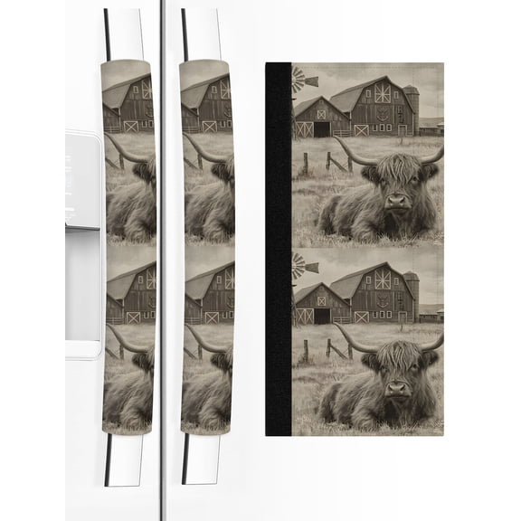 2 PCS Refrigerator Door Handle Covers, Rustic Highland Cow Adjustable Kitchen Appliance Handle Cover Vintage Windmill Barn Industrial Farmhouse Non Slip Fridge Oven Stove Dishwasher Handle Protector