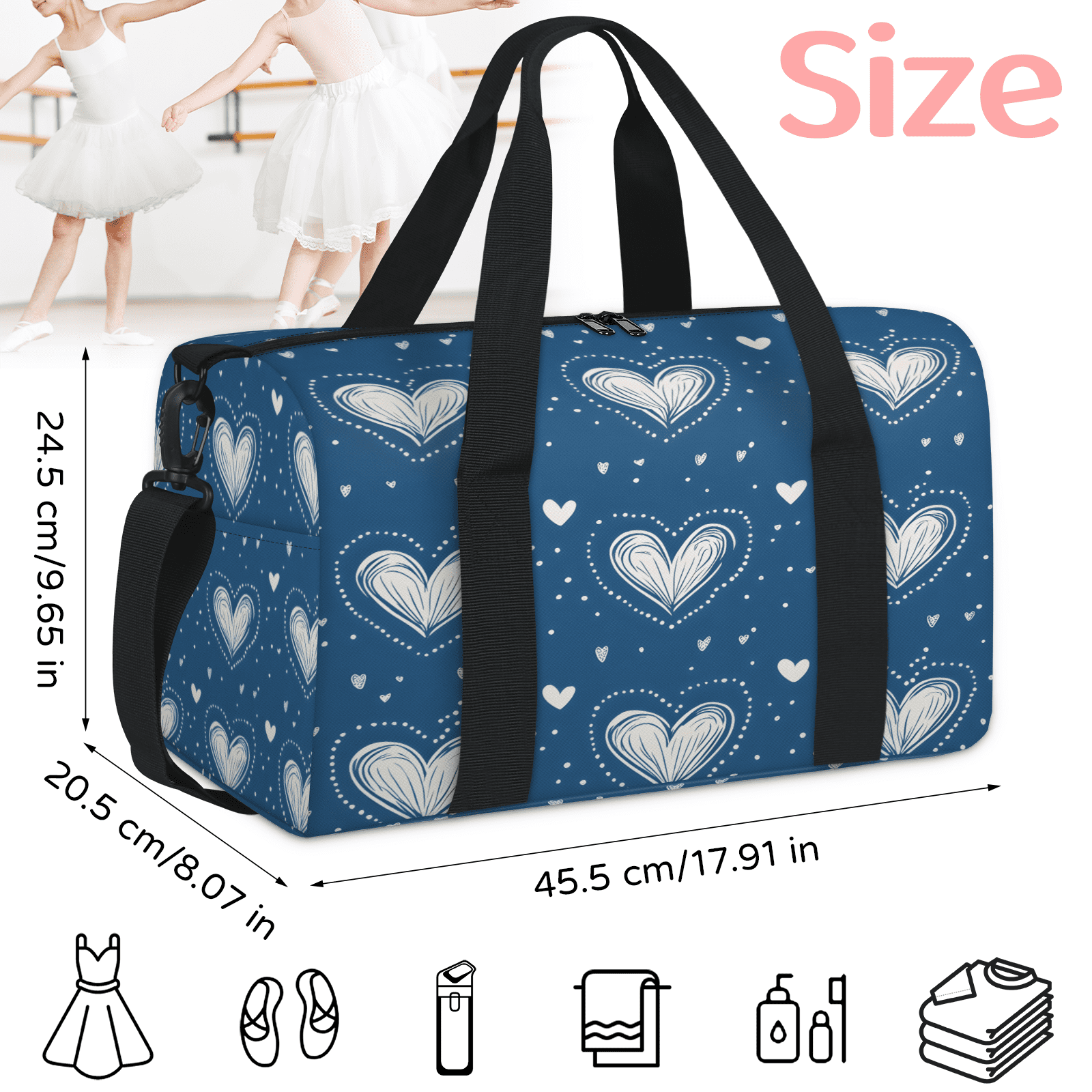 Herdesigns Love Gym Bag for Women, Duffle Bag for Travel Sport, Polka Dots Lightweight Waterproof Carry on Weekender Dance Yoga Workout Bags