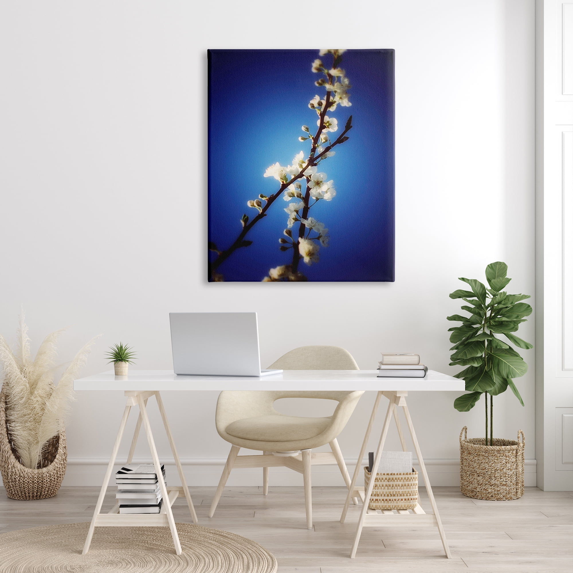 Stupell Industries White Tree Blossom Florals Over Deep Indigo Blue Botanical & Floral Painting Gallery Wrapped Canvas Print Wall Art, 36 x 48