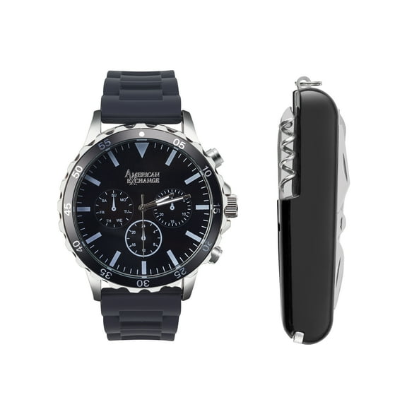 American Exchange Men's Black Rubber Strap 50mm Analog Watch & Multi-Purpose Tool