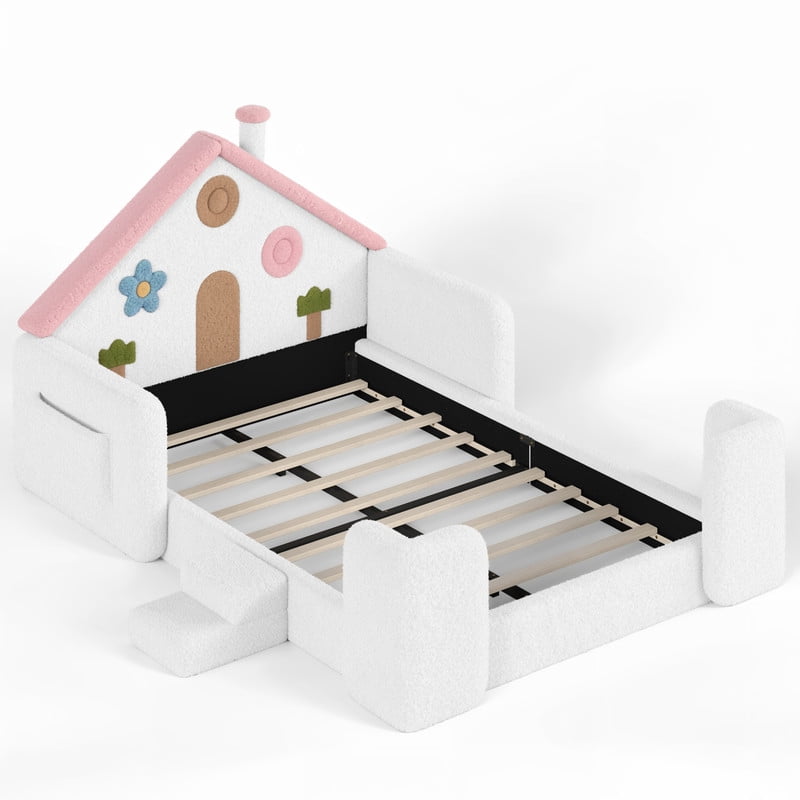 Full Size Kids Floor Bed with House Shaped Headboard, Upholstered Teddy Fabric Child Storage Platform Bed Frame with Pocket