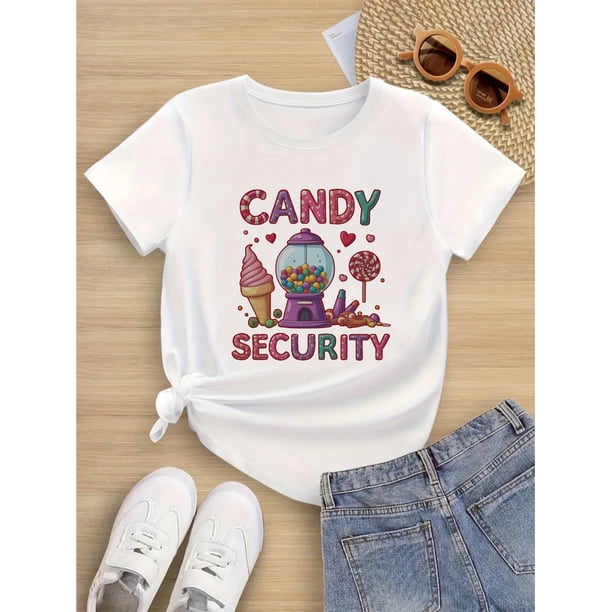 Girls' 100% Cotton Short Sleeve T-Shirt - Candy Security Graphic Print, Round Neck Casual Top, All-Season Comfort, Regular Fit for Ages 6-14, Girl Clothes, Everyday Kids Top, Vibrant Colors
