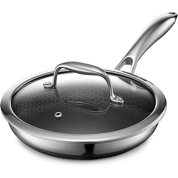 HexClad 8 inch Hybrid Stainless Steel Cookware Frying Pan with Glass Lid, Nonstick