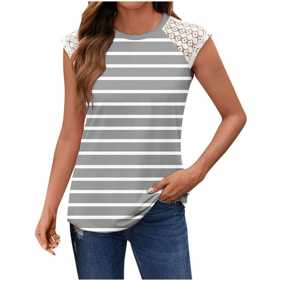 fatyb Striped Tank Tops Womens Lace Sleeveless T Shirts Crew Neck Tunic Casual Loose Summer Blouses