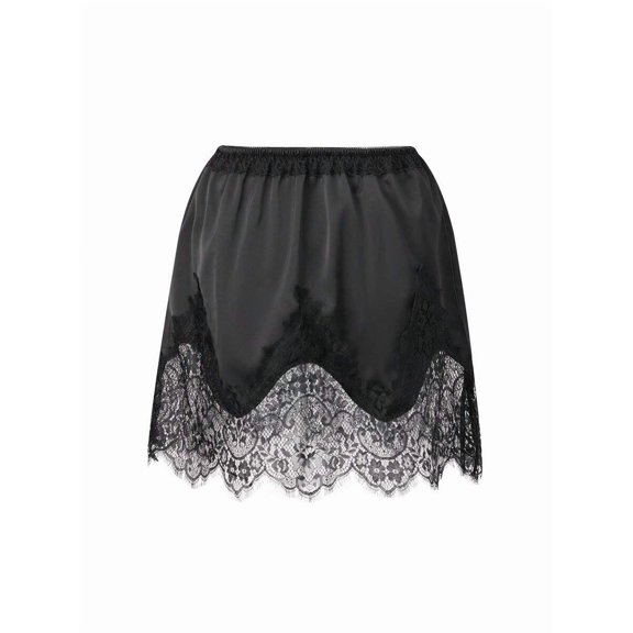 Black Womens Satin Mini Slip Skirt With Lace Trim Elastic Waist