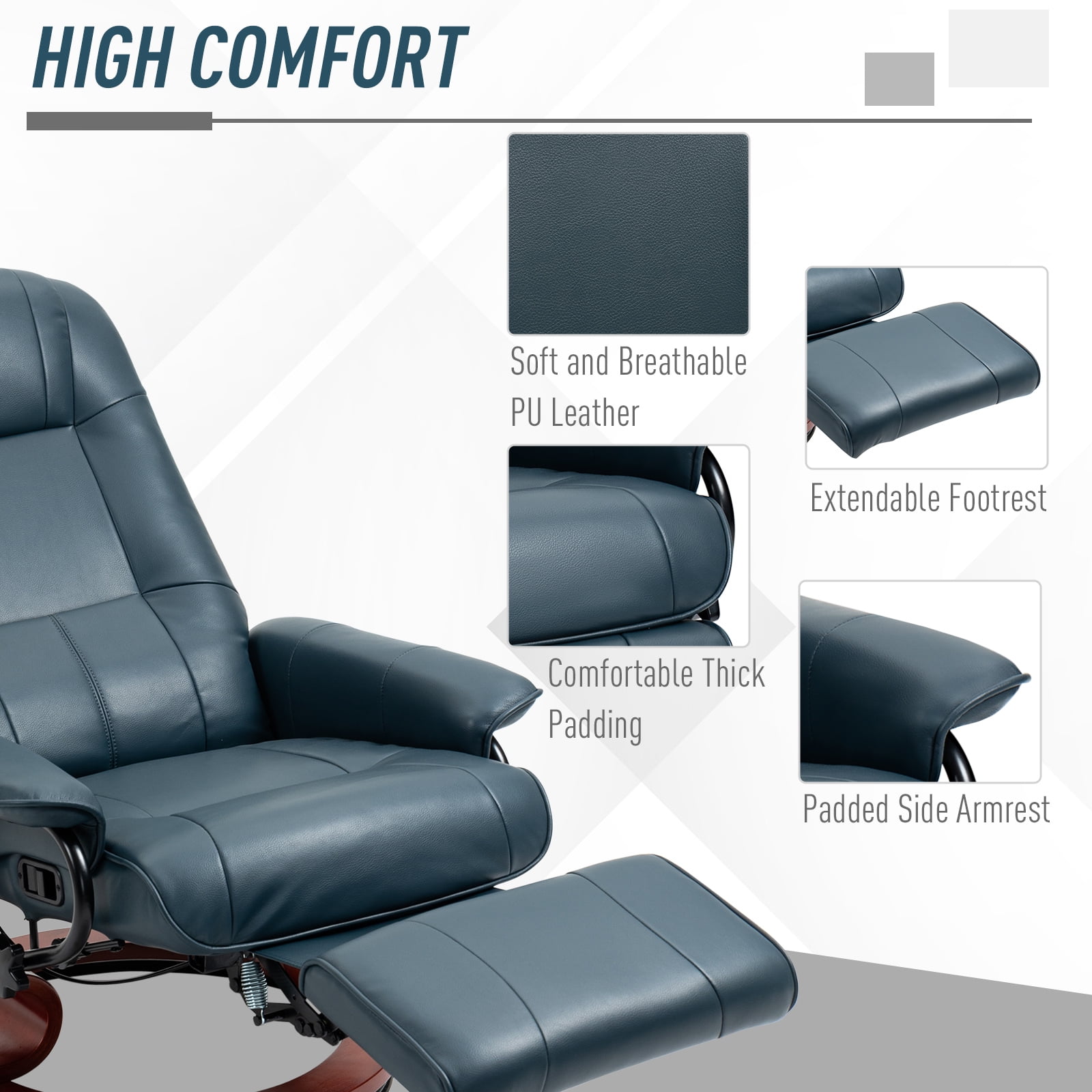 HOMCOM Faux Leather Manual Recliner, Adjustable Swivel Lounge Chair with Footrest, Armrest and Wrapped Wood Base for Living Room, Blue