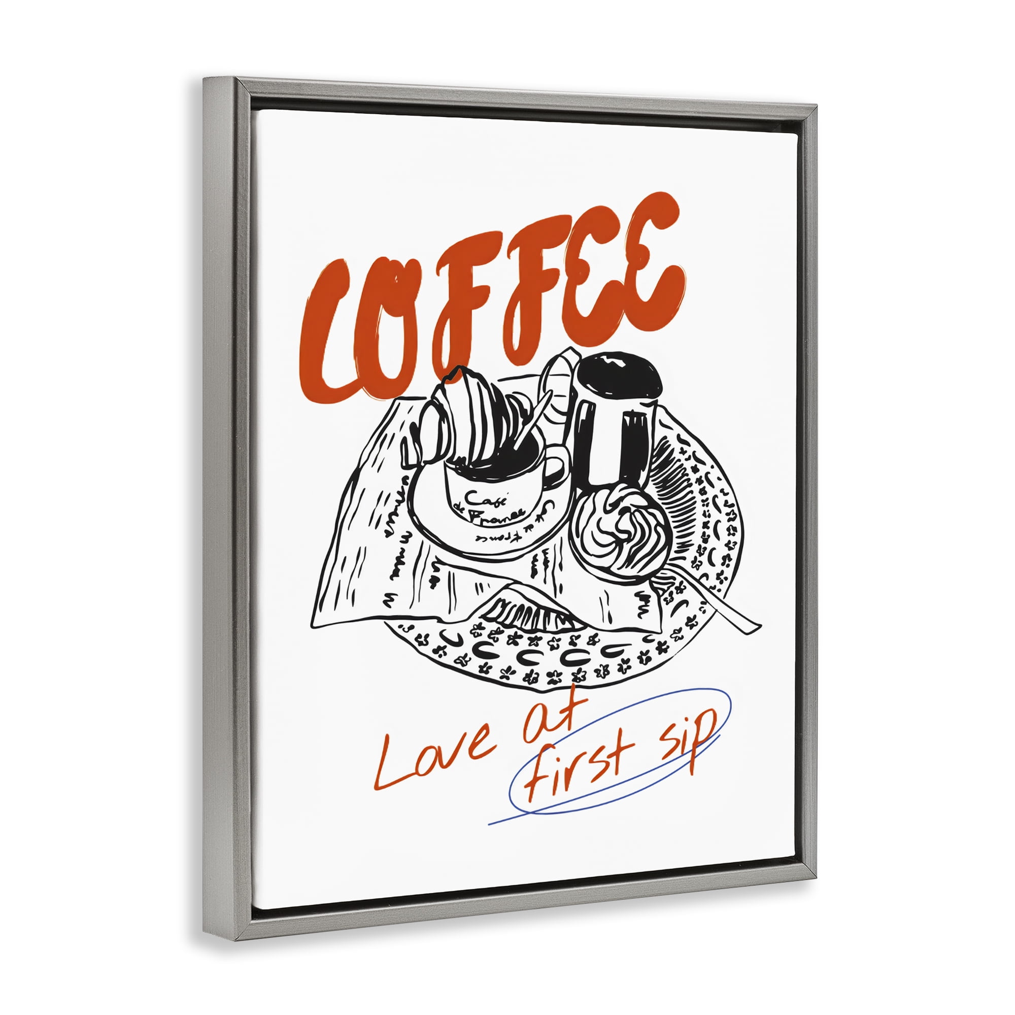 Stupell Industries Coffee Love At First Sip Gray Framed Floater Canvas Wall Art, design by The Prints Vibe