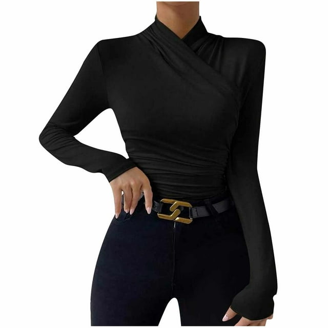 AherBiu Going out Tops for Women Long Sleeve Wrap V Neck Ruched Slim Basic Top Shirts Blouse