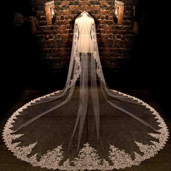 EllieWely 2 Tier Wedding Veil Cathedral Length 3.5 M(138 inch) Bling Sequin Lace Bridal Veil With Metal Comb L72 White