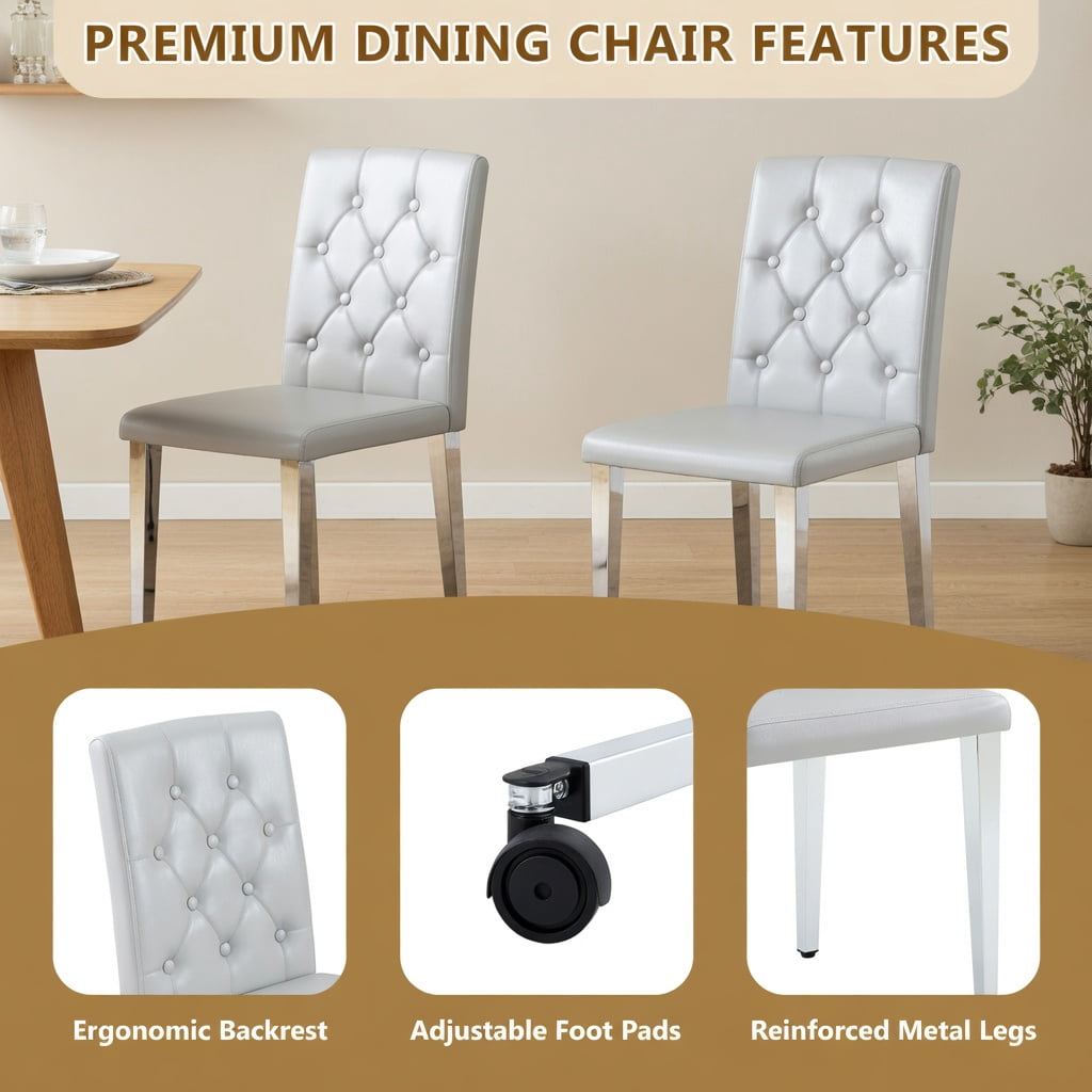 Hommoo 4-Pack PU Leather Dining Chairs with Ergonomic Buckle Backrest & Metal Legs, 35 in Tall, Commercial-Grade Comfort for Restaurants, Cafes & Home Dining, Light Gray & Sliver