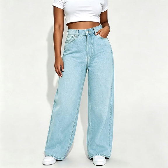 High Rise Baggy Wide Leg Jeans Solid Color Stretchy Button Straight Leg Loose Fit Mop The Floor Jeans Vintage Baggy Boyfriend Jeans with Pockets