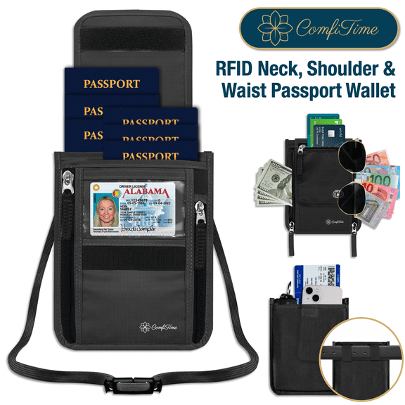 ComfiTime Passport Holder Neck Wallet - RFID Travel Wallet for Men, Women & Family, Anti Pickpocket Neck Crossbody Waist Pouch for Cruise, Gym, Hiking & Everyday Use, Lightweight Hidden Money Belt