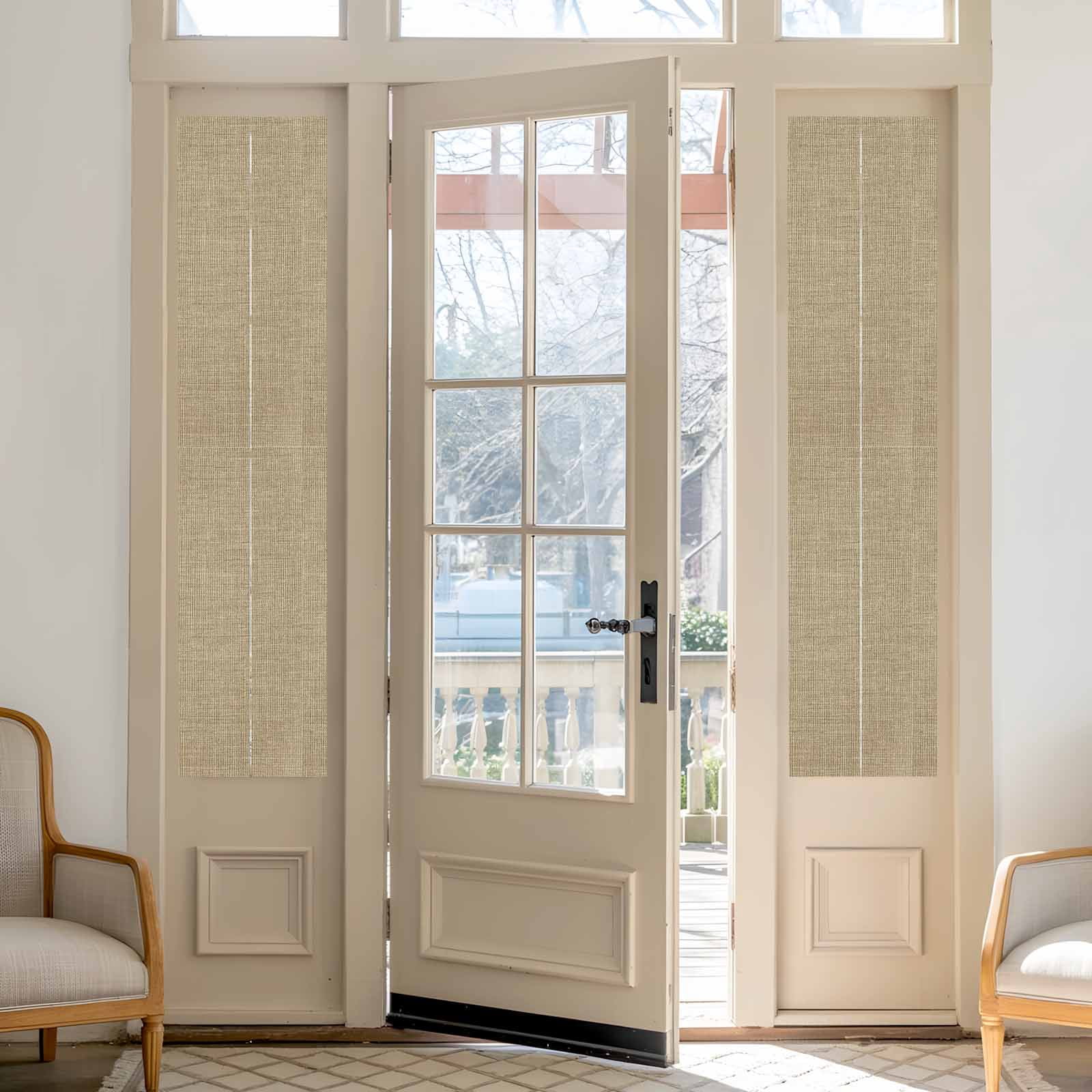 Reusable Static Cling Window Tints, Beige Window Privacy Film Frosted, Farmhouse Burlap Solid Brown Color Modern Linen Texture Heat Control Windows Films for Offices, Balcony, 29.5 x 118 Inches