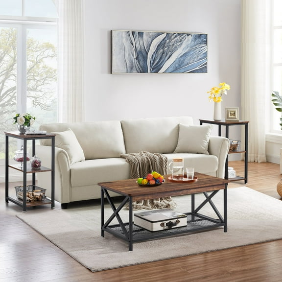 VECELO Coffee Table Set of 3 for Living Room, Industrial Coffee Table with 2 End Side Tables, Coffee Table Set with Metal Frame for Apartment Home Office, Brown