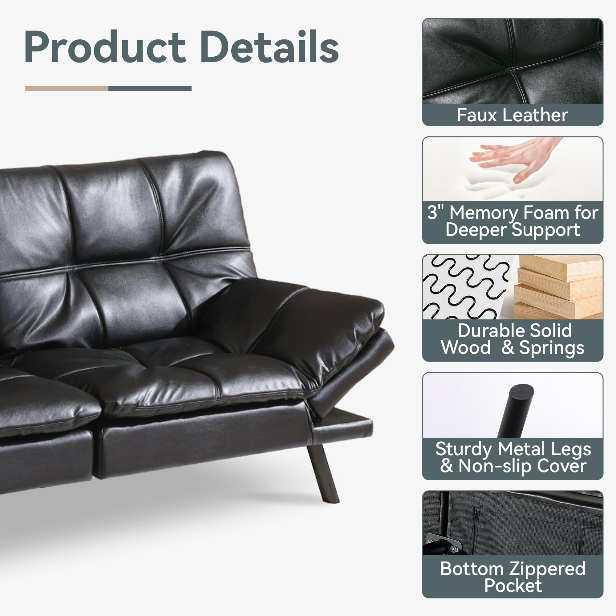71" Sofa Bed Convertible Couch, Black Faux Leather Sofa Bed with Memory Foam, Adjustable Backrest & Armrests, Multifunctional Small Loveseat Sleeper Sofa for Living Room, Apartment, Office