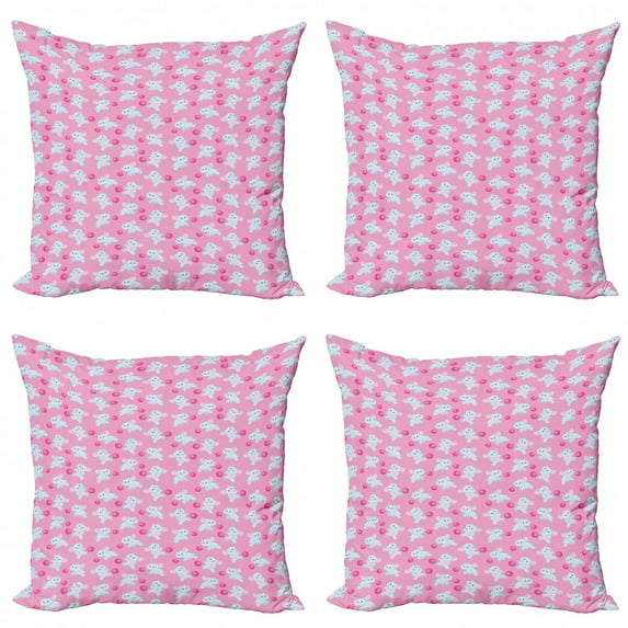 Ambesonne Animal Throw Pillow Cover 4 Pack, Girly Happy Animals, 18", Pale Blue Pink