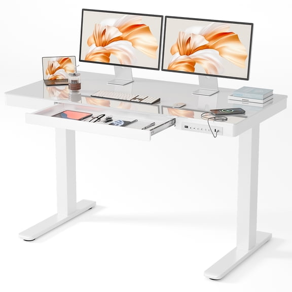 Bashaw Electric Standing Desk with 6mm Tempered Glass Top, Height Adjustable Home Office Desk with 3 Memory Presets and Built-in Drawer, Glass Desk with USB Charging Ports