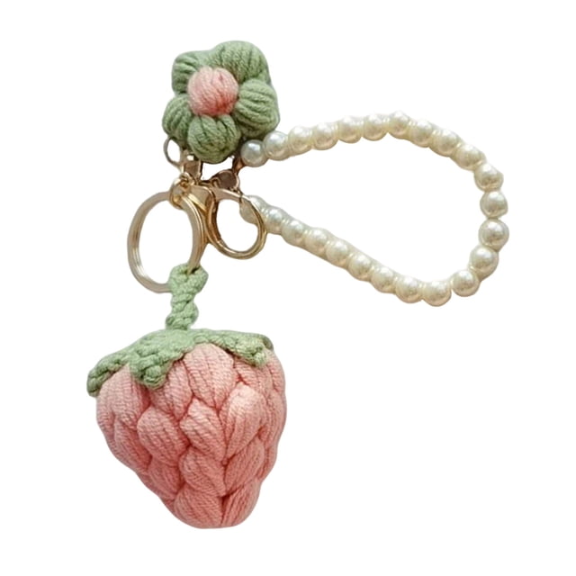 Llavero de flor de ganchillo hecho a mano con forma de flor y fruta, colgante para bolso con cadena de perlas de imitación, accesorio para niñas y mujeres, llaves y mochila.
