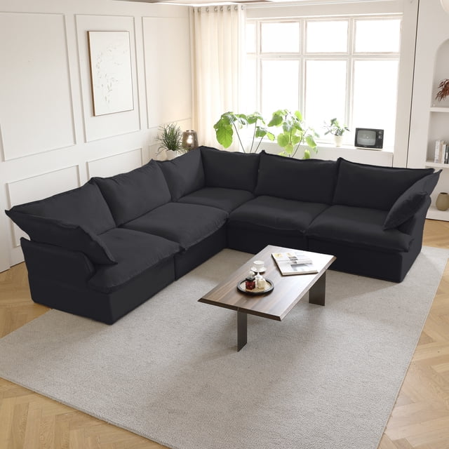 bokifol Canapé en L, Sofa Sectionnel Modulaire Nuage avec Ottomane de Rangement pour Salon, Noir