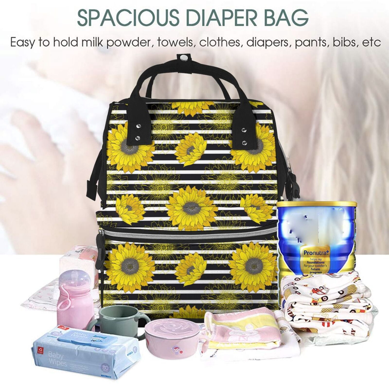 Fuzoiu Sunflowers On Black And White Stripes Print Diaper Bag Backpack,Baby Essentials Travel Tote,Multi function Waterproof Diaper Bag, Travel Essentials Baby Bag - Unisex
