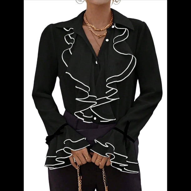 Camisa Informal con Mangas Acampanadas y Volantes de Color Liso para Mujer, y Otoño 2025 Negro XL