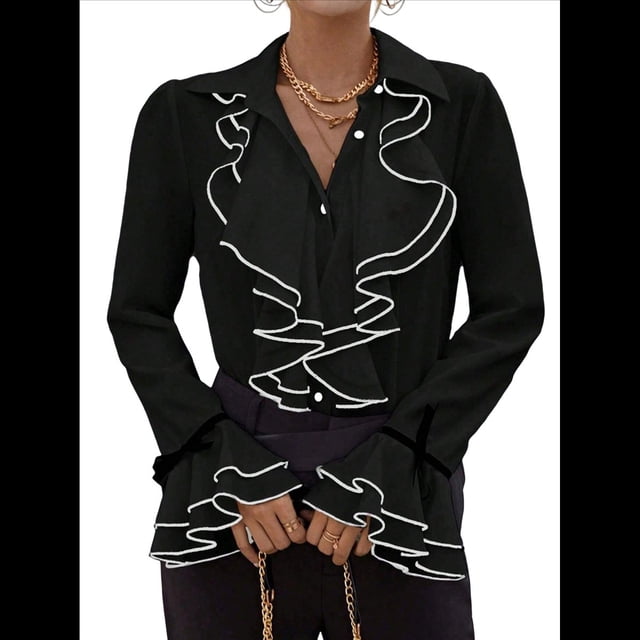 Camisa Informal con Mangas Acampanadas y Volantes de Color Liso para Mujer, y Otoño 2025 Negro L