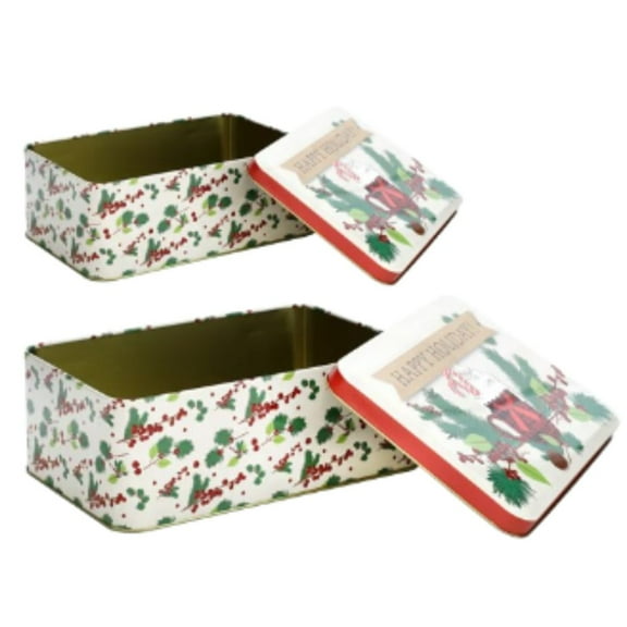 Christmas House Printed Rectangular Cookie Tins Set (2-Count) – Festive Holiday Storage for Cookies, Candies & Gifts | Decorative Christmas Tin Boxes with Lids
