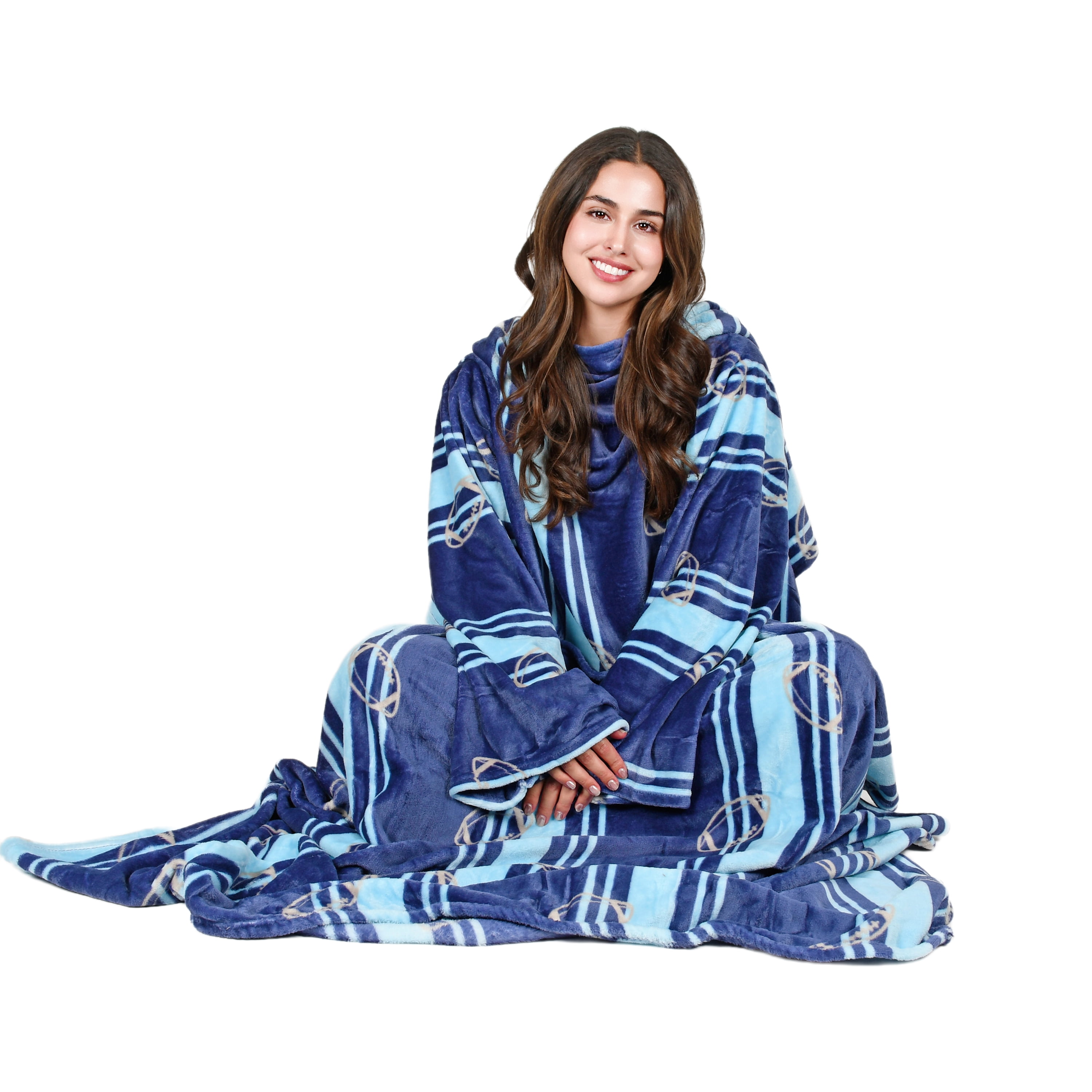 Tirrinia Wearable Fleece Blanket for Women & Men, Super-Soft Microplush TV Blanket Adult Wrap Full Body Robe for Lounge Couch, Blue Football Fiel, 73" x 51"