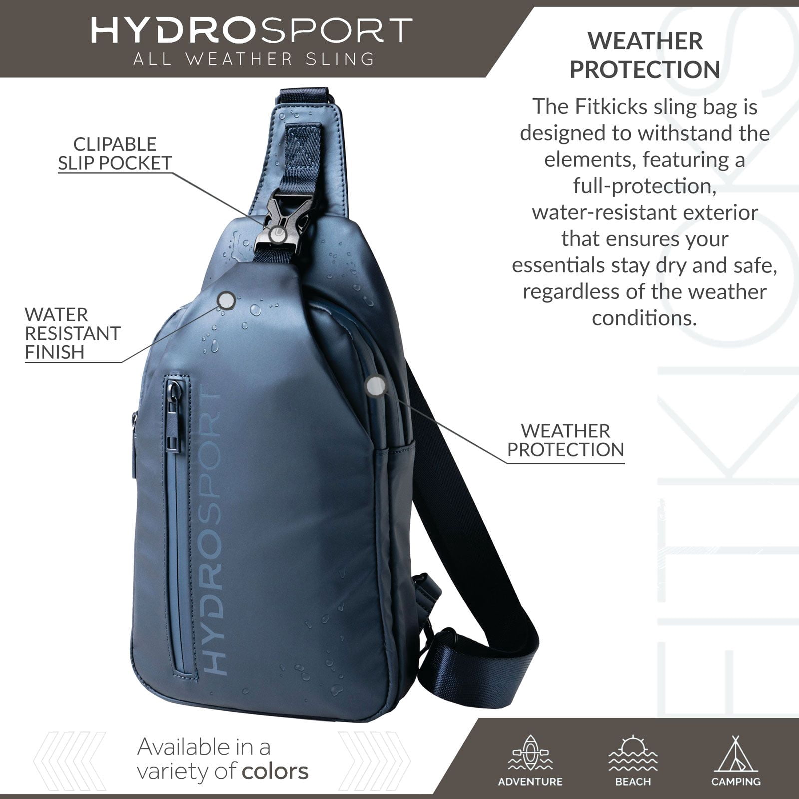 FITKICKS Hydrosport All Weather Sling Bag Crossbody Travel Hiking Chest Bag, Deep Sea Navy (Unisex)
