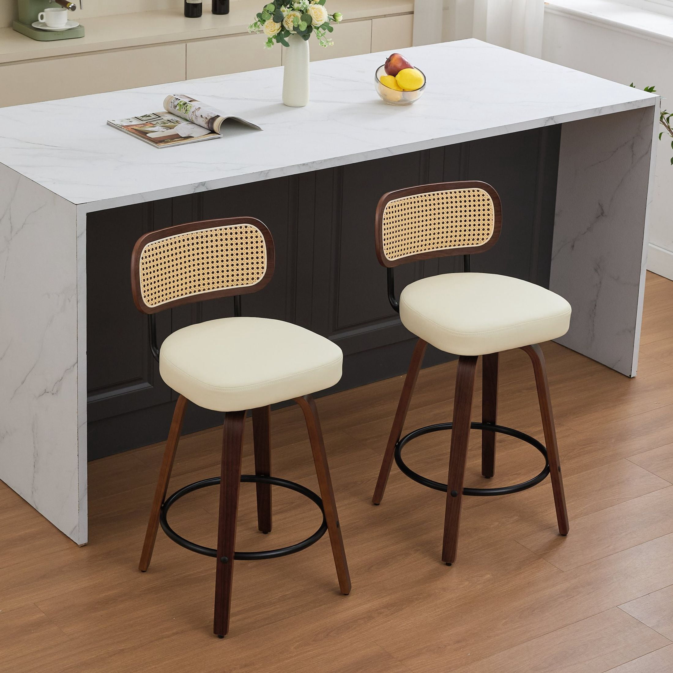Noble House Set of 2 Counter Height Bar Stools, Cane Back, PU Seat, Walnut + Beige